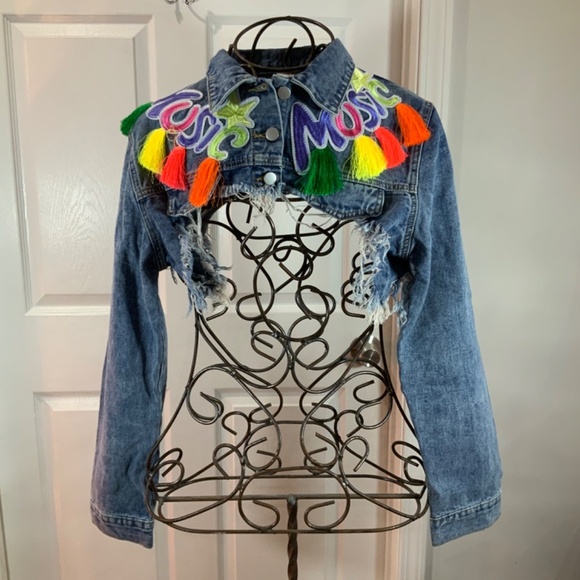 Music Embroidered Denim Tassel Multicolor Crop Jean Jacket Plus Size 3X - Picture 11 of 11